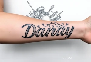 the name Danay, with a background other cool stuff that fills up the whole forearm tattoo idea