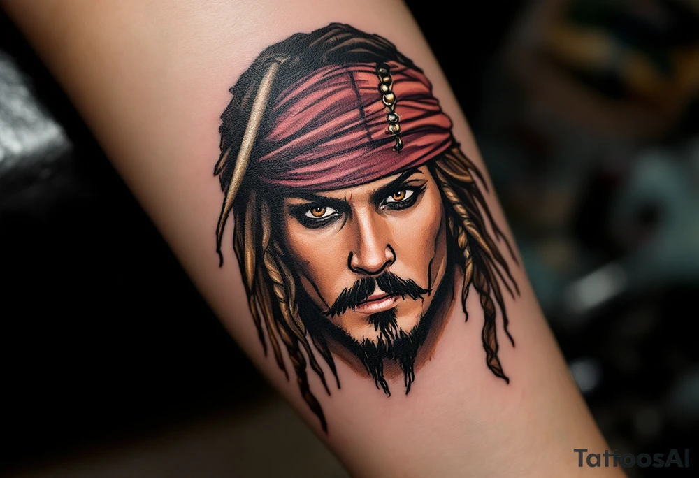 A dramatic portrait of Jack Sparrow with his signature wild hair and beaded braids. His face is full of personality, with his dark brown eyes and iconic mustache, all framed by a shadowy ocean background. Deep brown for hair, black and gray for the details, tan for the skin, with subtle hints of sea green and golden highlights. tattoo idea
