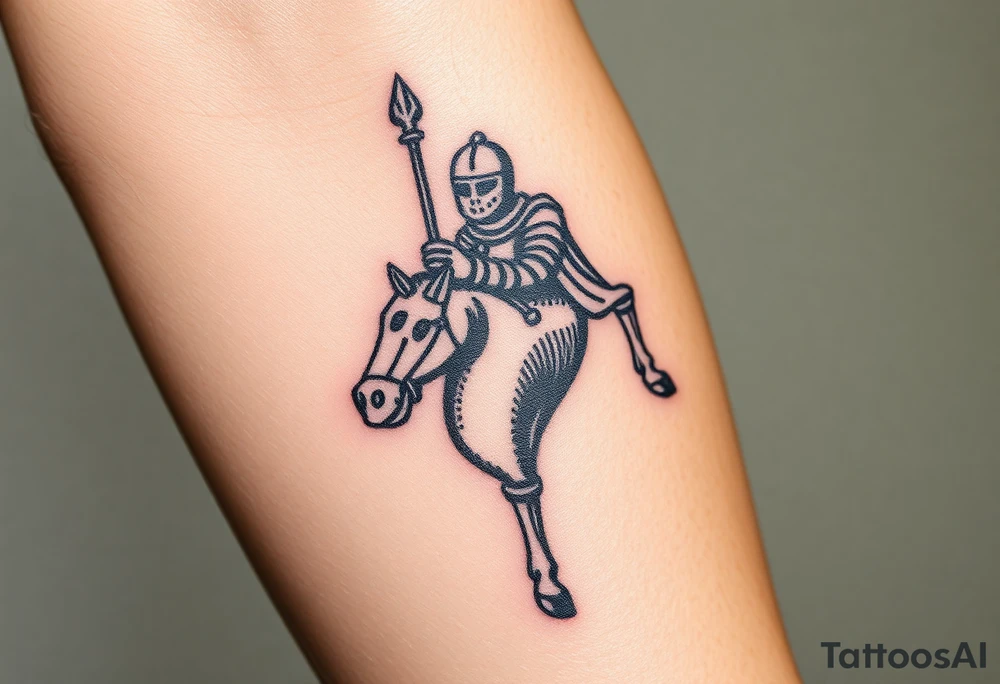 2d medieval woodcut knight on a childs hobby horse head stick toy tattoo idea