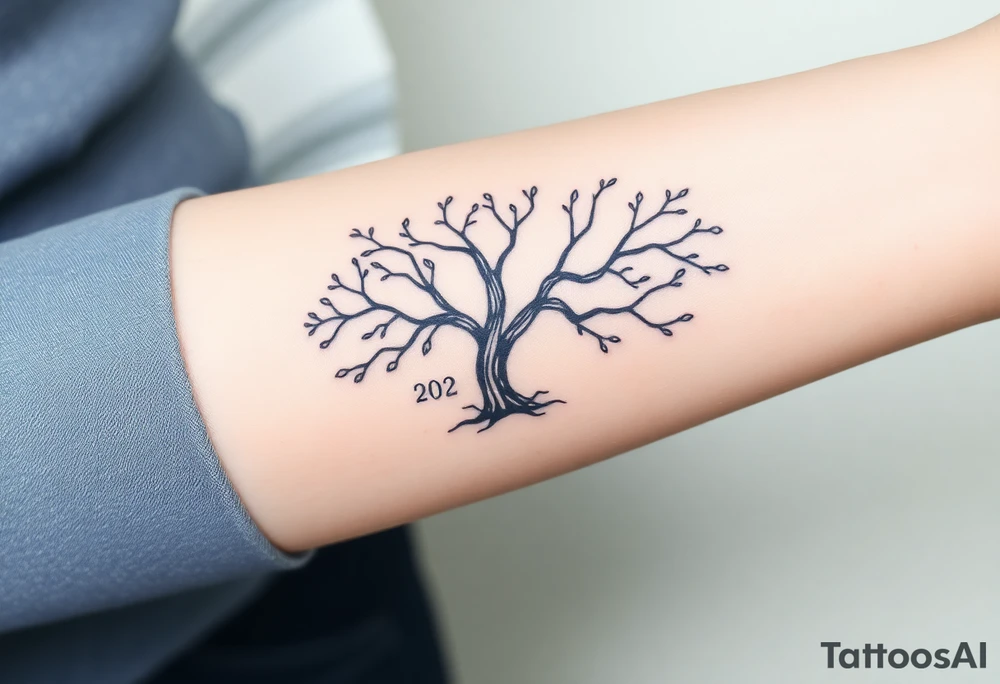 A black and gray realistic tree with engraved initials on the trunk, highlighting deep-rooted family connections tattoo idea