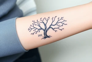 A black and gray realistic tree with engraved initials on the trunk, highlighting deep-rooted family connections tattoo idea