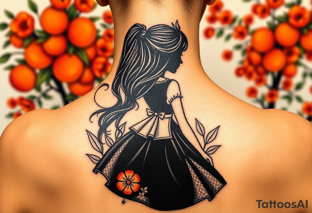 Alice's back silhouette entering a garden. There is a orange tree, and flowers there. tattoo idea