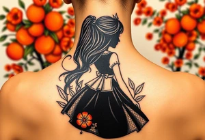 Alice's back silhouette entering a garden. There is a orange tree, and flowers there. tattoo idea