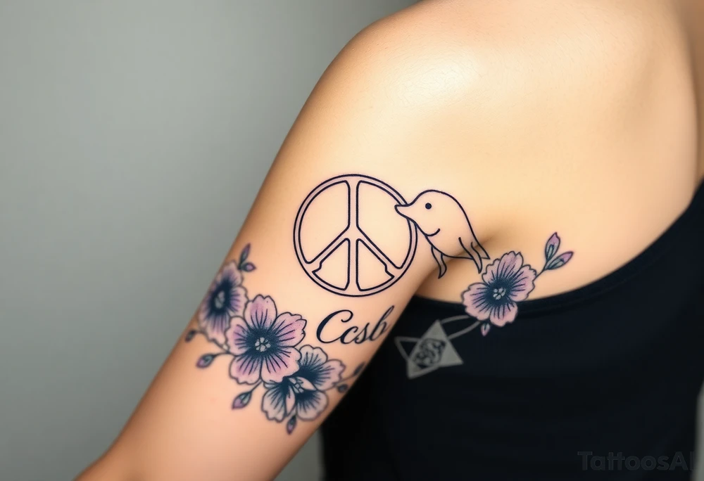peace symbol, dog prints, Pisces symbol, intertwined with violets, amethyst, initials csb in cursive font tattoo idea