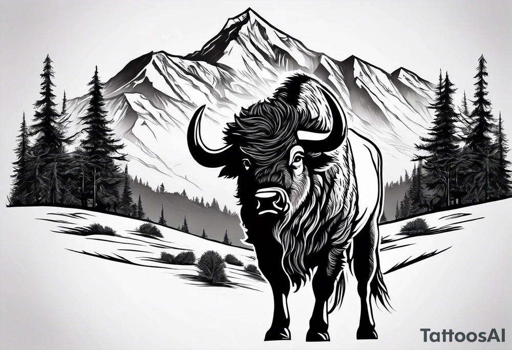 Mountains cowboy bison wolf tattoo idea