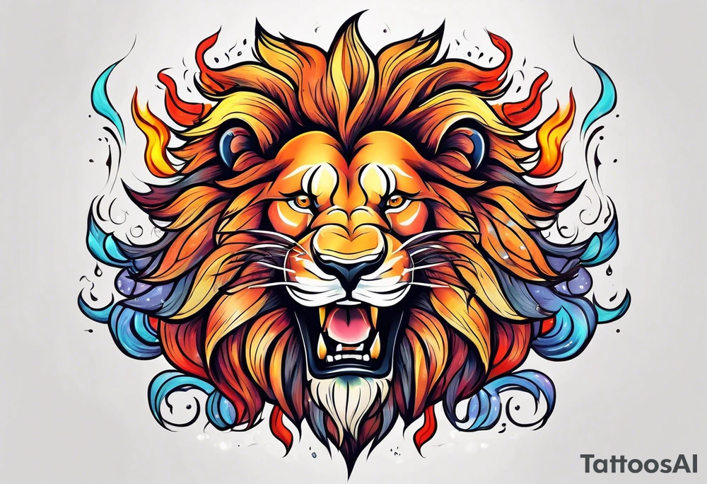 A  happy 
lion surrounded by fire in full color tattoo idea