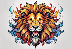 A  happy 
lion surrounded by fire in full color tattoo idea
