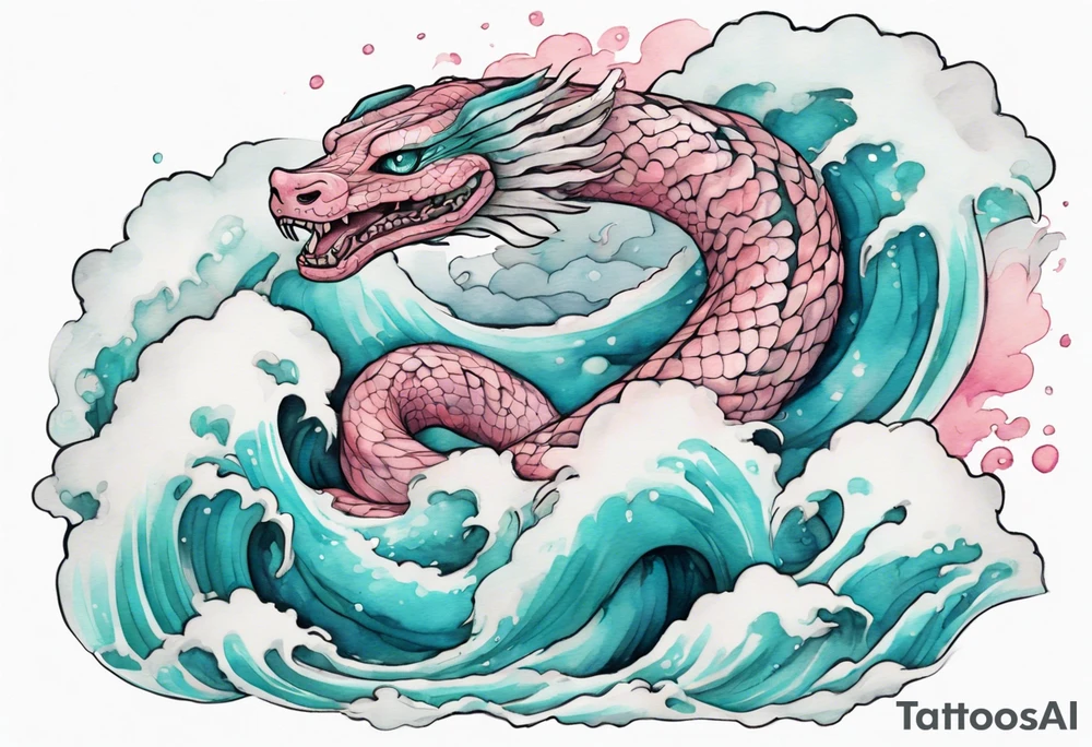 a gentle turquoise and pink Falkor serpent hybrid emerging from the stormy sea tattoo idea