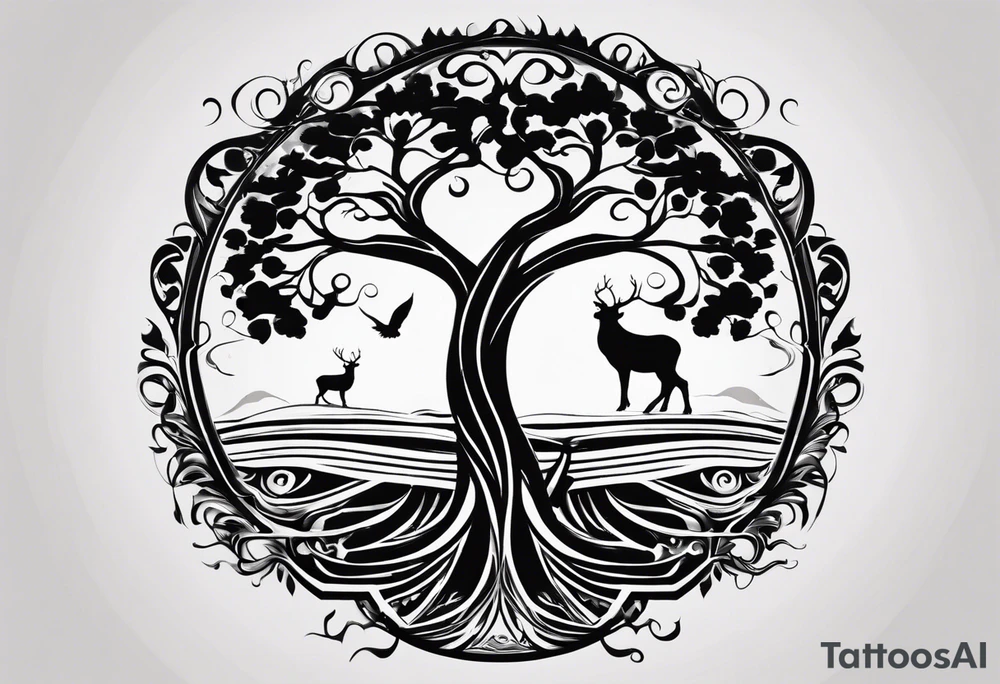 A tattoo design that incorporates the following elements: an abstract tree of life that has roots emerging  from the ground. Waves of water encapsulate the tree and wind around it in an organic way.  Incorporate music.   the letters U and A are overlapping and engraved into the tree. The game of golf incorporated but not prominent. tattoo idea