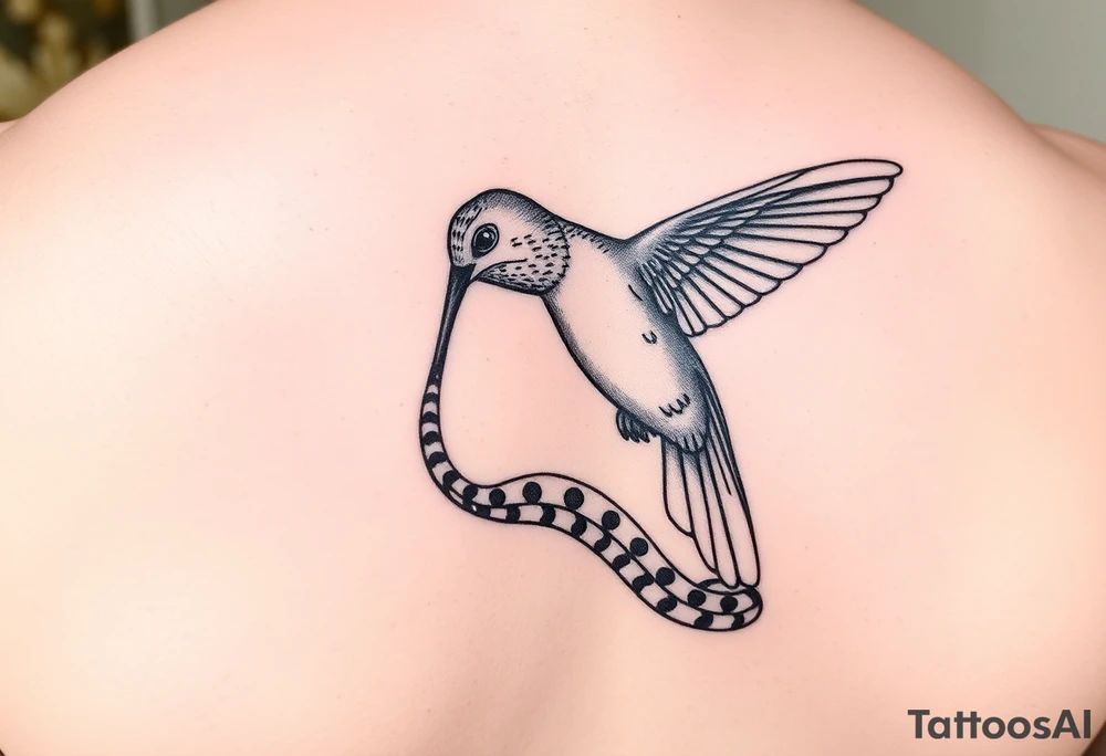 Humming bird looking down at snake. snake tail wrapped around humming bird. snake hissing at humming bird tattoo idea