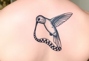 Humming bird looking down at snake. snake tail wrapped around humming bird. snake hissing at humming bird tattoo idea