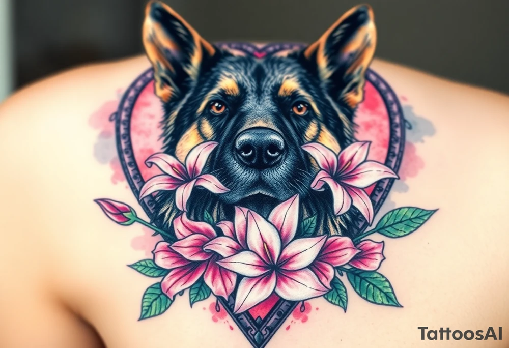 tough looking german shepherd dog with pink lily flowers in front of sacred heart tattoo idea