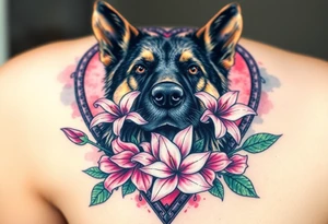 tough looking german shepherd dog with pink lily flowers in front of sacred heart tattoo idea