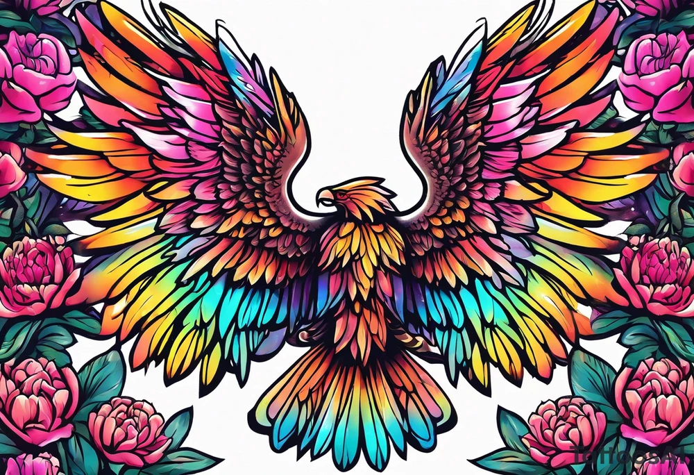 beautiful colorful neon angel wings, surrounded by beautiful peonies, new school style, streetwear, urban wear, white background tattoo idea