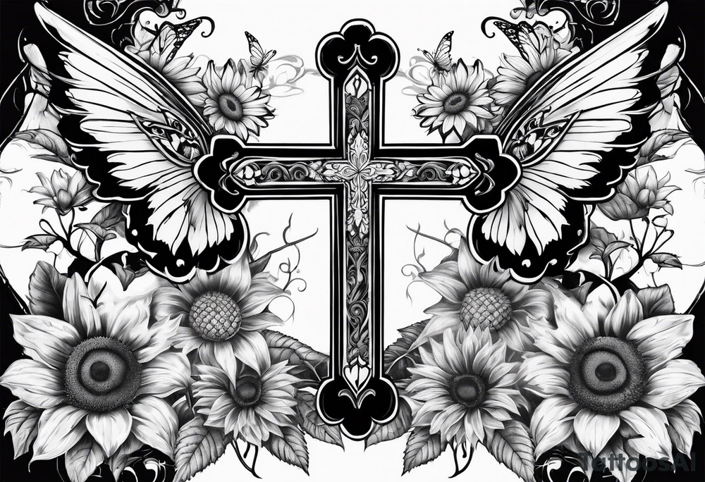 Winged cross with sunflower and butterflies tattoo idea