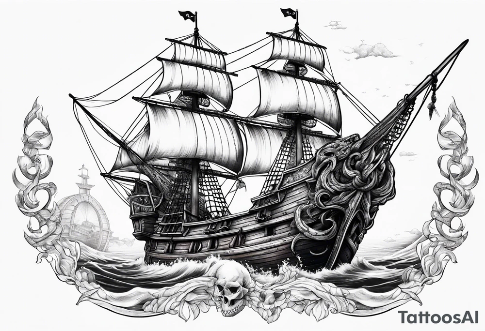 pirate ship with large skull covering the bow of the ship being overtaken by a kraken tattoo idea