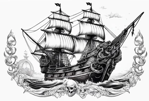 pirate ship with large skull covering the bow of the ship being overtaken by a kraken tattoo idea