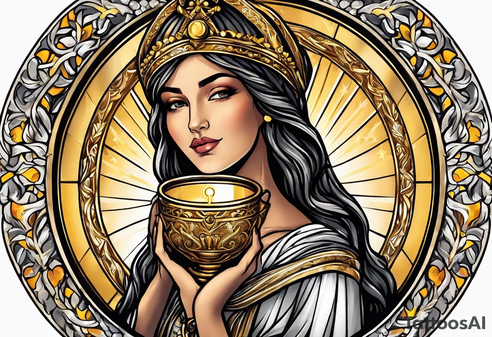 woman saint holding chalice surrounded by golden halo portrait tattoo idea