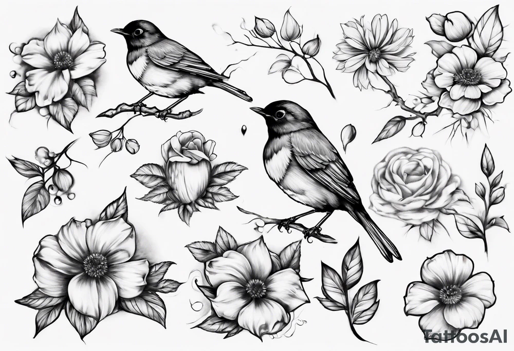 Nature Blooming, sleeve, robins tattoo idea