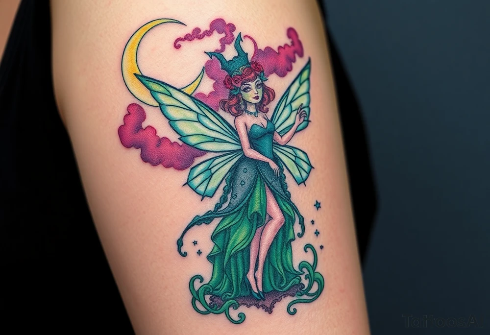 Tim Burton’s kelly doty pin up style Vintage Parisian elegant and hauntingly beautiful yet eerie full body absinthe Green Fairy dances outside her victorian crystal decatur she was once inside this elaborate ornate bottle absinthe bottle Absinthe Art Nouveau   and dripping with muted reds, dusty pinks, and eerie green glow.purple and cyan smokey clouds swirl in the crescent moonlit sky thats sprinkled with stars tattoo idea