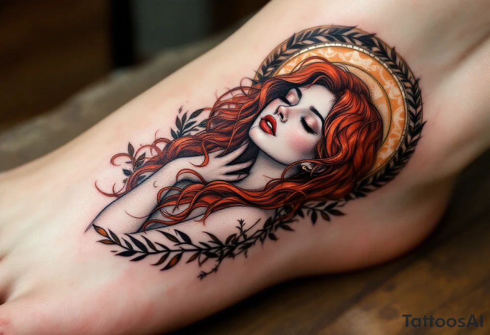 Alfons Mucha’s dreamy maiden with cascading red hair, embraced by copper-toned halos and intricate olive branches. tattoo idea