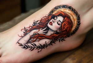 Alfons Mucha’s dreamy maiden with cascading red hair, embraced by copper-toned halos and intricate olive branches. tattoo idea