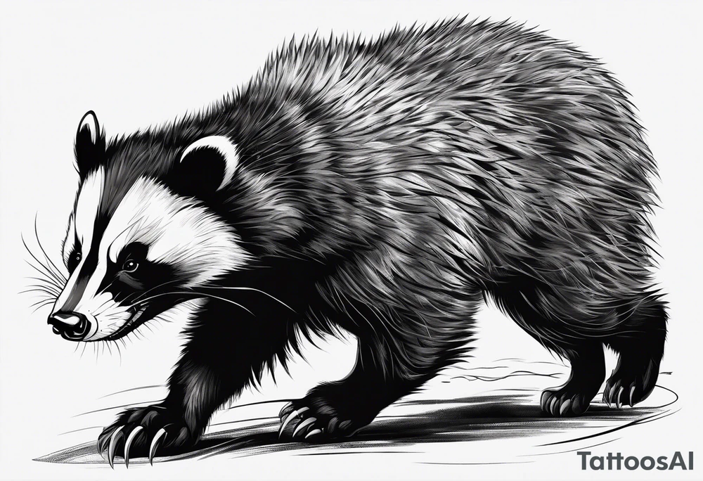 Draw me badger/wolverine with aggressive full body show, killer face with cute smile, long nails and he attacks like a gladiator to enemy tattoo idea