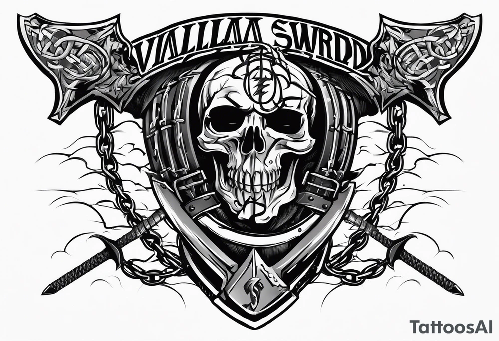 Valhalla sword round
shield axe barbed wire chains dark cloud lightning tattoo idea