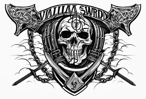 Valhalla sword round 
shield axe barbed wire chains dark cloud lightning tattoo idea