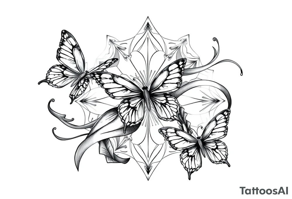 ethereal butterflies with flowing silk ribbons in geometric mandala tattoo idea