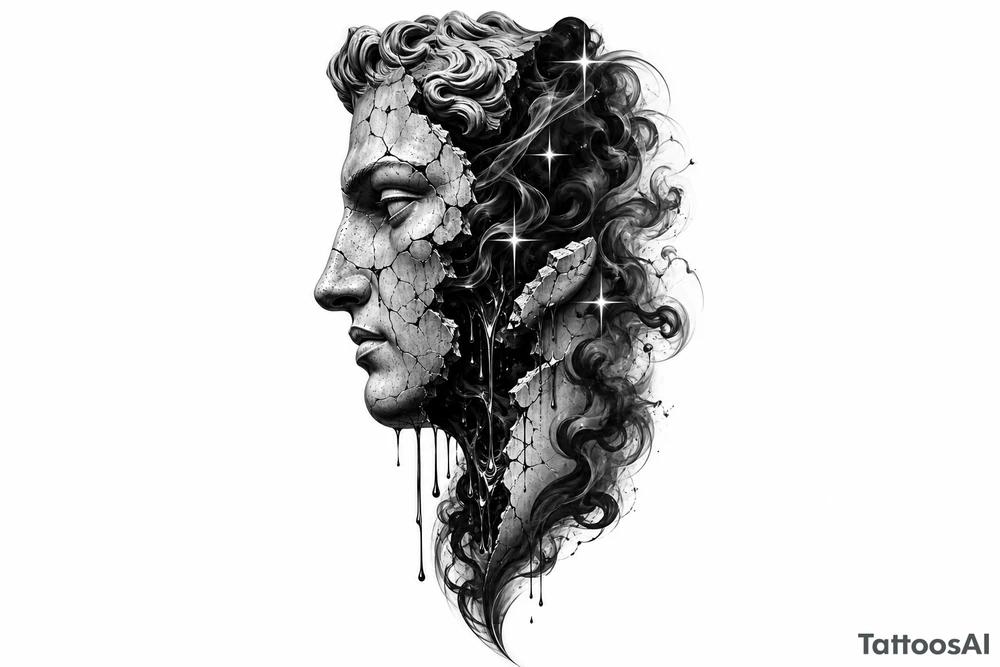 Black and grey tattoo design of a broken marble statue face split down the middle, side view profile, realistic shattered porcelain effect, dark wispy smoke and liquid pouring out of the cracks, Chicano tattoo shading, heavy blackwork background, sharp 4-point sparkle stars, high contrast, clean white background, detailed tattoo stencil style on side neck tattoo idea
