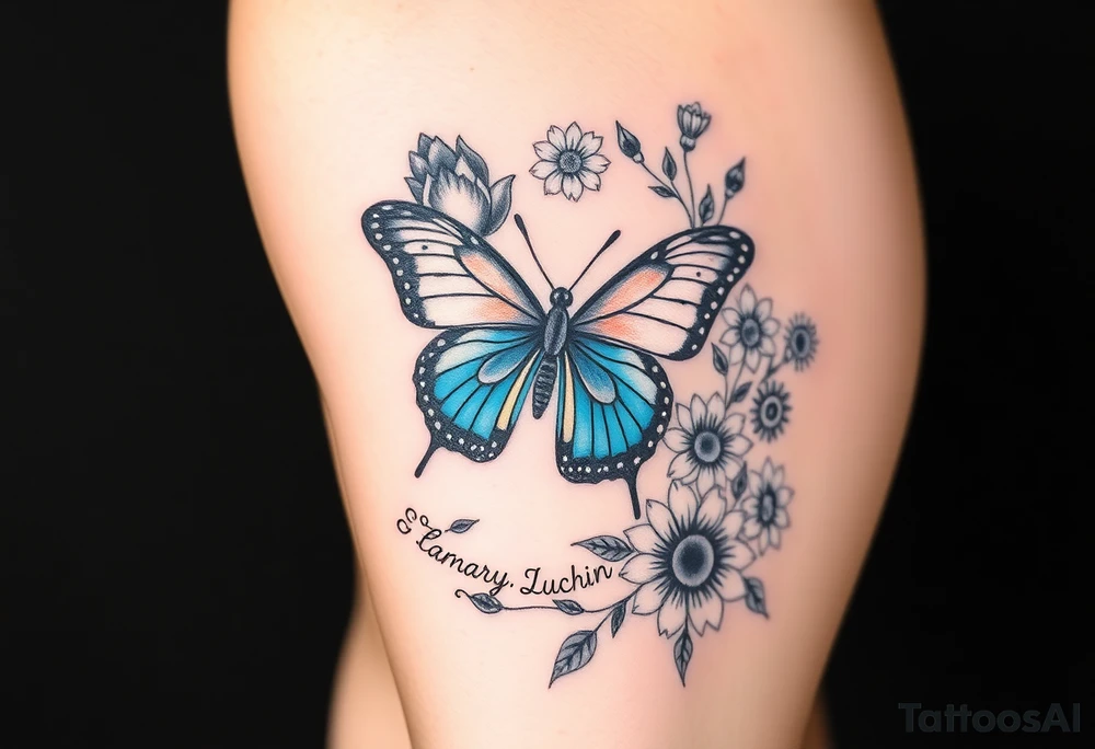 Sleeve/ floral with vines roses and daises large bright blue monarch in center of forearm with floral extending from wrist to mid bicep children’s names written with vines “ amber, Zachary, Justin, Harper, Vivian “ ARM SLEEVE tattoo idea