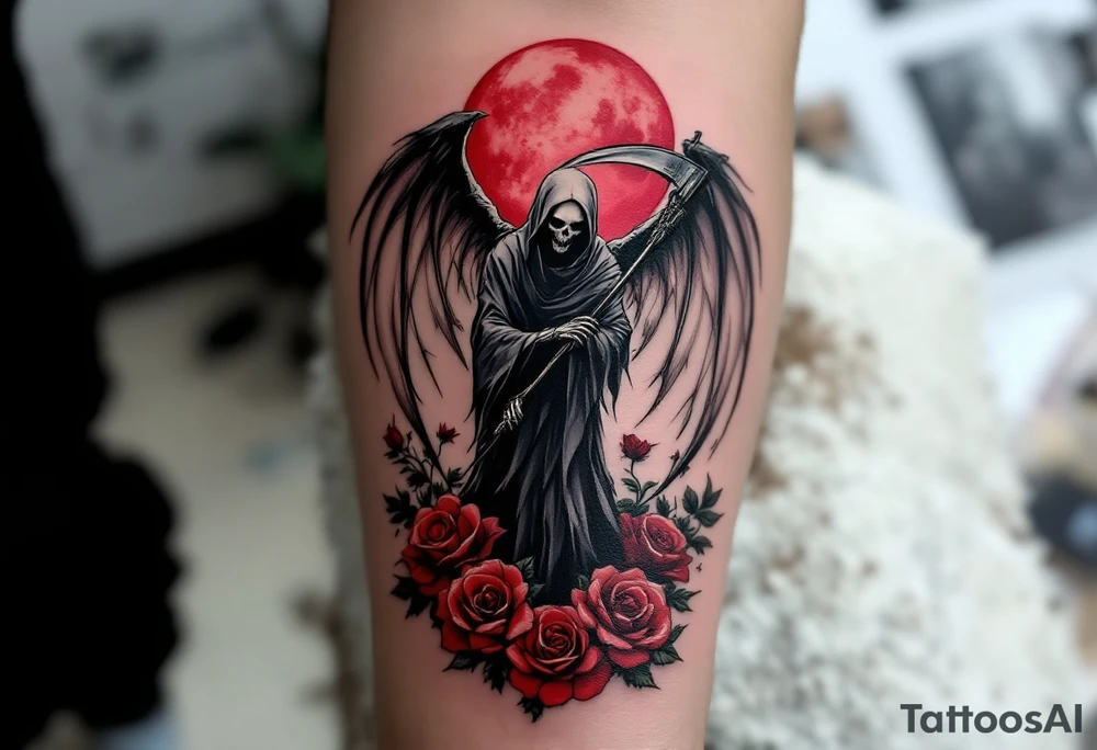 A grim reaper with skeletal wings, standing in a field of dying roses under a blood-red moon. tattoo idea
