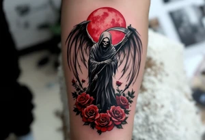 A grim reaper with skeletal wings, standing in a field of dying roses under a blood-red moon. tattoo idea