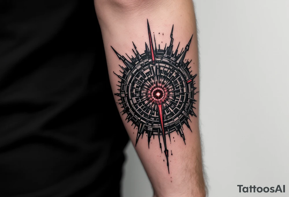 A shadowy mech-arm inked in matte black with accents of silver and a central pulsar in deep red. tattoo idea