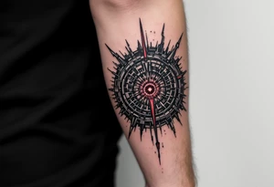 A shadowy mech-arm inked in matte black with accents of silver and a central pulsar in deep red. tattoo idea