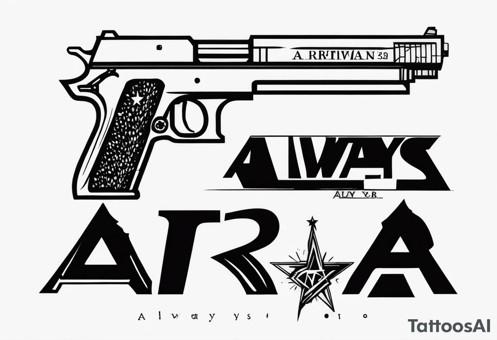 The letters AR with a pistol on each side and the word always on the top and ready on the bottom tattoo idea