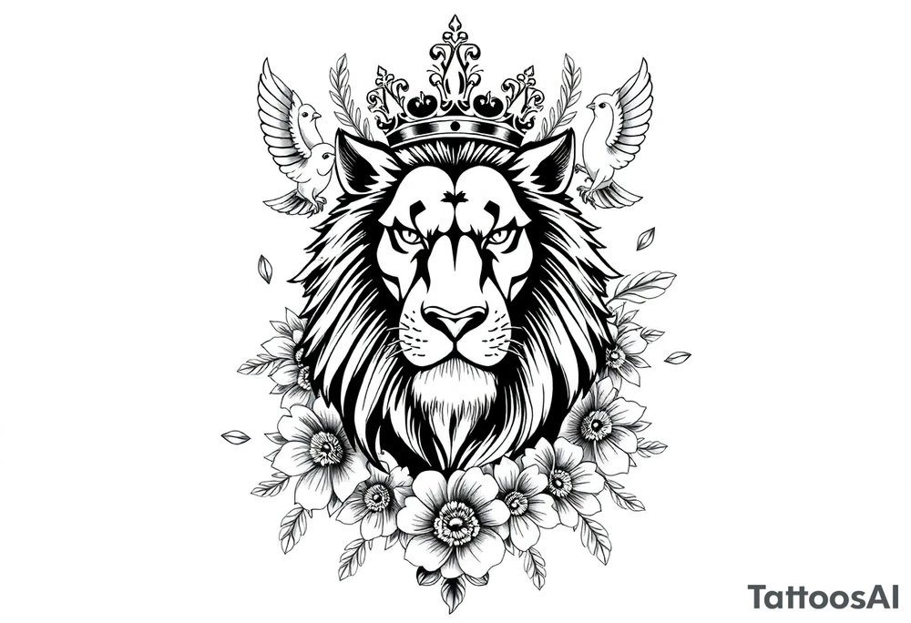 powerful majestic lion with a crown, surrounded by floral ornaments and birds tattoo idea
