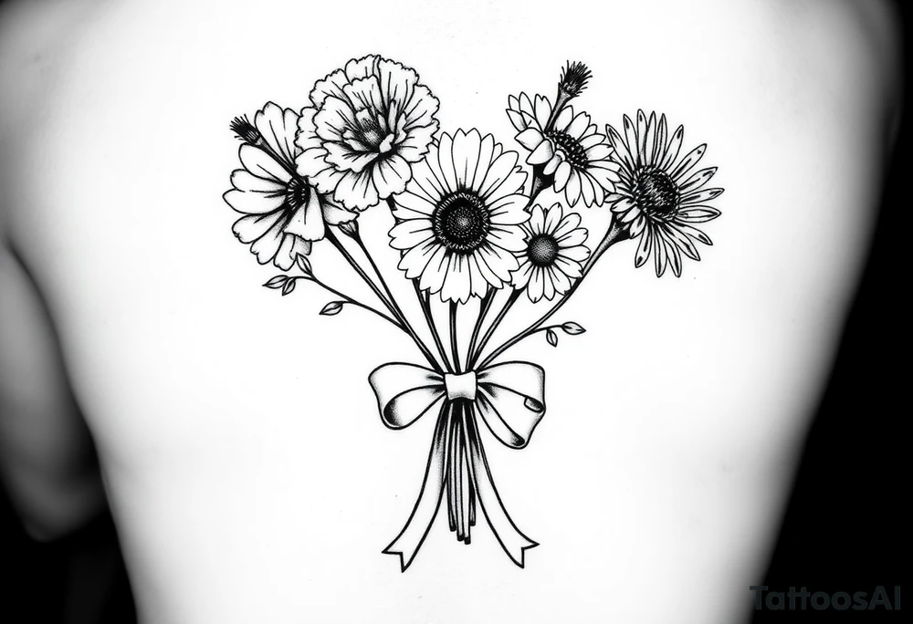 A small bouquet where the carnation, larkspur, daisy, and aster are gathered together at the stems and tied with a flowing ribbon bow tattoo idea