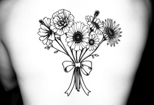 A small bouquet where the carnation, larkspur, daisy, and aster are gathered together at the stems and tied with a flowing ribbon bow tattoo idea