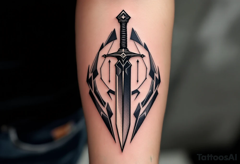 Geometric Dagger – A sleek, minimalist dagger surrounded by sharp geometric patterns, with the blade shaded in black and the surrounding shapes in deep charcoal gray with hints of bright white lines for contrast. tattoo idea