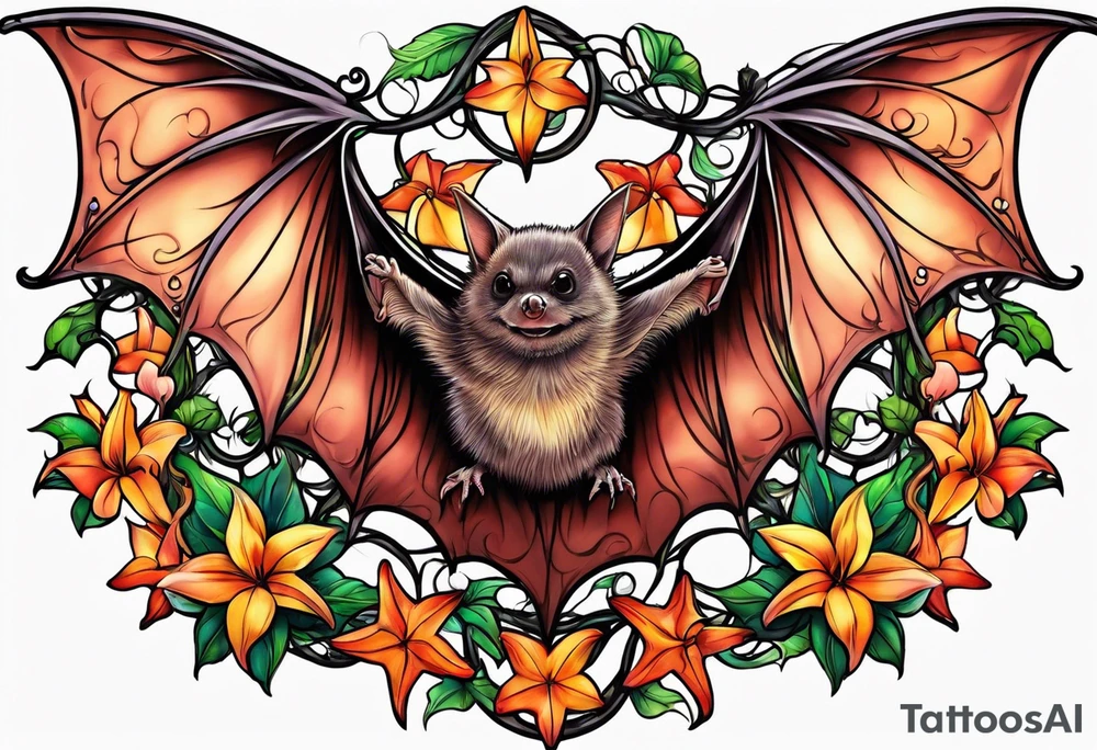 Vines flowers bat stars tattoo idea