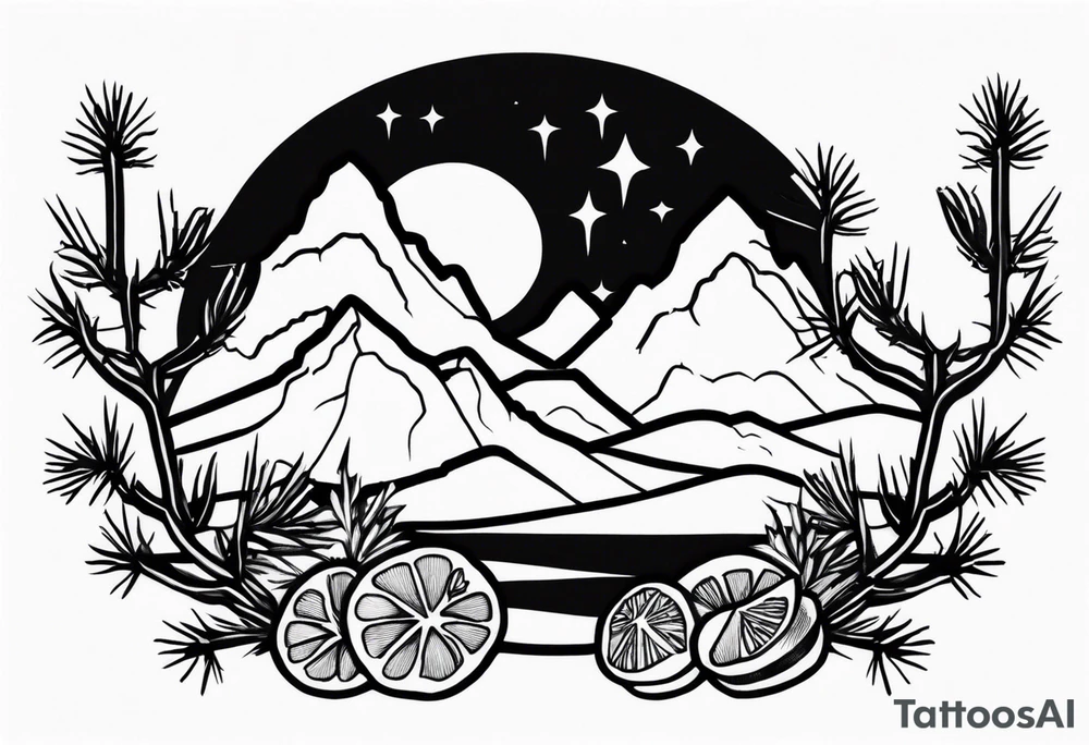 A dessert with joshua trees transitioning to pine trees and mountains tattoo idea