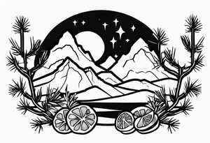 A dessert with joshua trees transitioning to pine trees and mountains tattoo idea