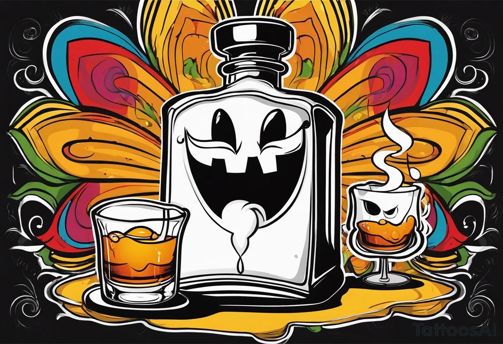 Um fantasma com óculos de sol segurando um charuto e uma garrafa de whisky tattoo idea