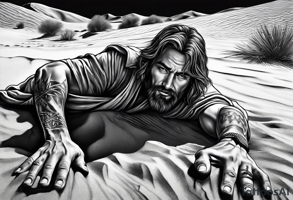 man crawling in a desert reaching to the cross of Christ tattoo idea