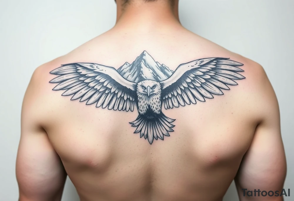majestic eagle spreading wings against mountain peaks tattoo idea
