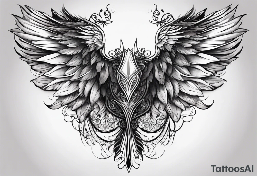 Realistic wings with an upside down cross between the wings tattoo idea Realistic wings with an upside down cross between the wings tattoo idea