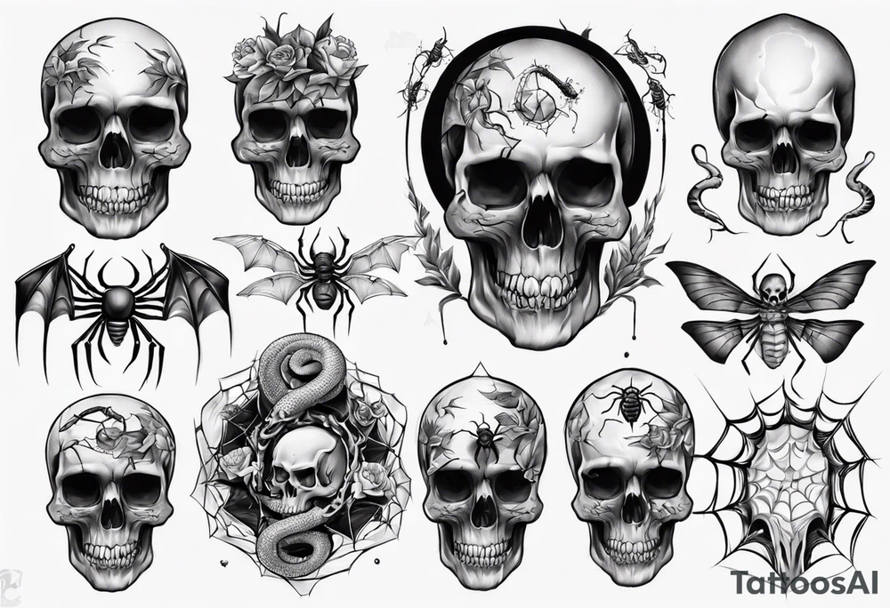 Black skull sleeve tattoo with spiders and snake tattoo idea