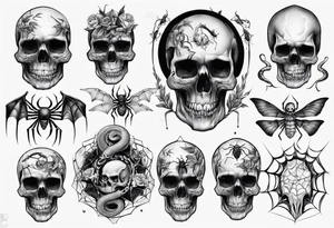 Black skull sleeve tattoo with spiders and snake tattoo idea
